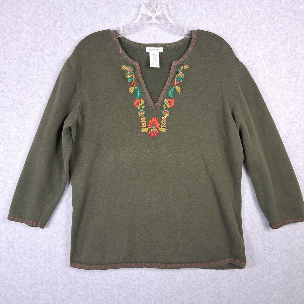 Womens Top Large Green Embroidered Cottagecore Goblincore Hobbit Dwarfs Nature
